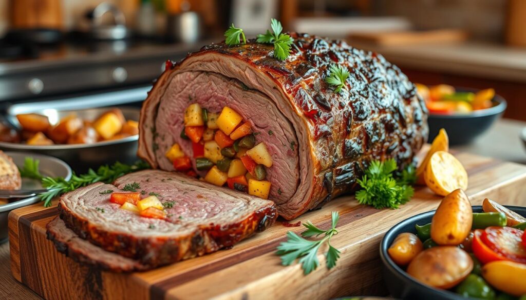 Close-up of a sliced stuffed beef roast with herb and cheese filling, served on a rustic cutting board