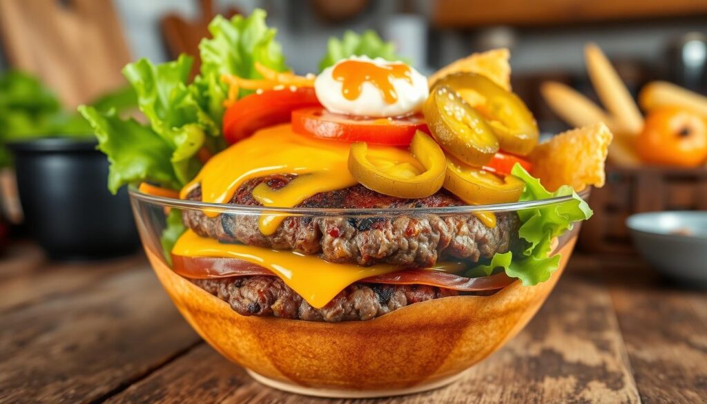 A vibrant cheeseburger bowl with juicy ground beef, melted cheddar, fresh lettuce, diced tomatoes, pickles, and a drizzle of creamy sauce.