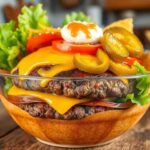 A vibrant cheeseburger bowl with juicy ground beef, melted cheddar, fresh lettuce, diced tomatoes, pickles, and a drizzle of creamy sauce.