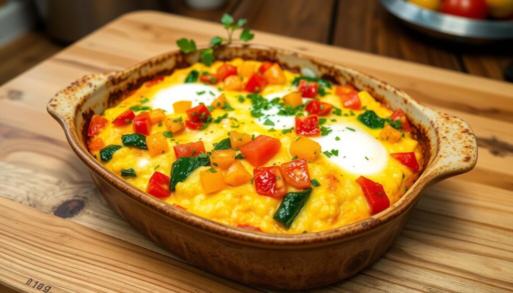 A freshly baked egg casserole featuring golden edges, creamy cottage cheese, and vibrant vegetables in a ceramic dish