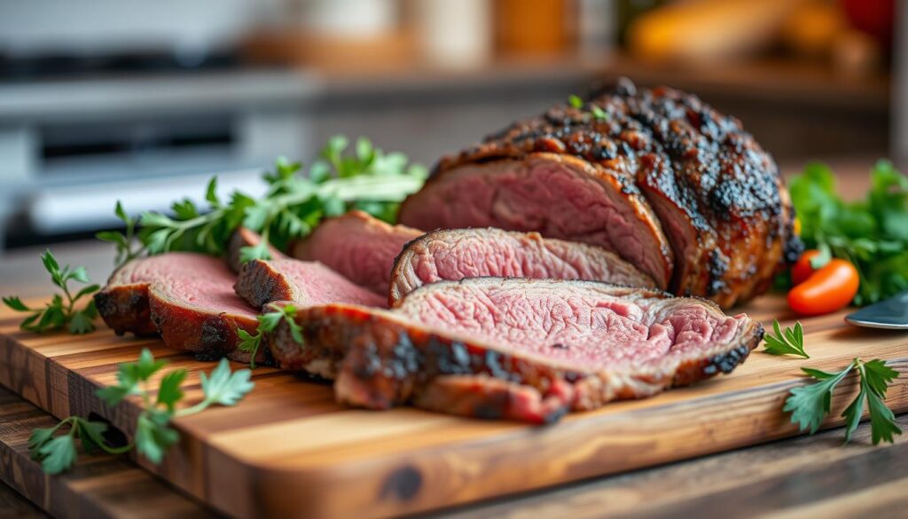 Close-up of perfectly seared sous vide roast beef with a juicy pink center, highlighting texture and precise doneness.