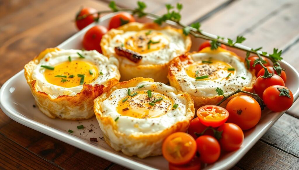 A golden baked cottage cheese egg casserole garnished with fresh herbs, served in a ceramic dish, perfect for breakfast or brunch.