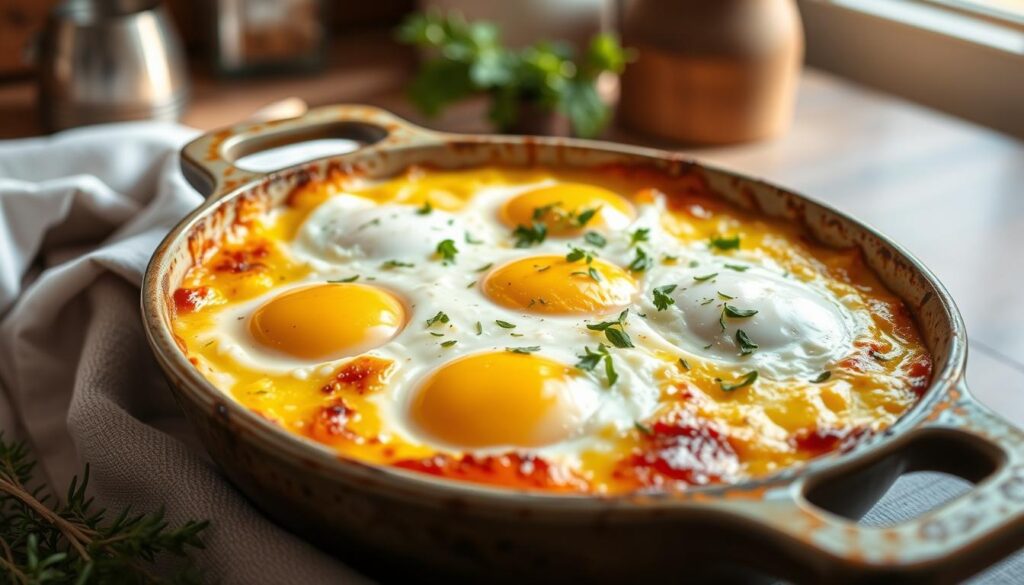 A golden-brown egg bake with creamy cottage cheese and fresh vegetables in a white ceramic dish, garnished with herbs.