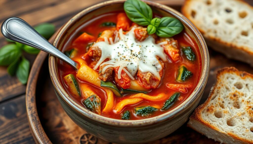 Close-up of a bowl of vegetarian lasagna soup with vibrant colors, featuring pasta, chunks of vegetables, and a creamy tomato-based broth topped with fresh basil