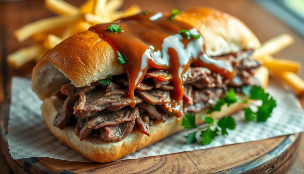 Close-up of a roast beef sandwich with rich gravy poured over, served on sourdough bread