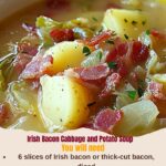 Hearty Irish bacon, cabbage, and potato soup served in a rustic bowl, garnished with crispy bacon bits and fresh parsley.