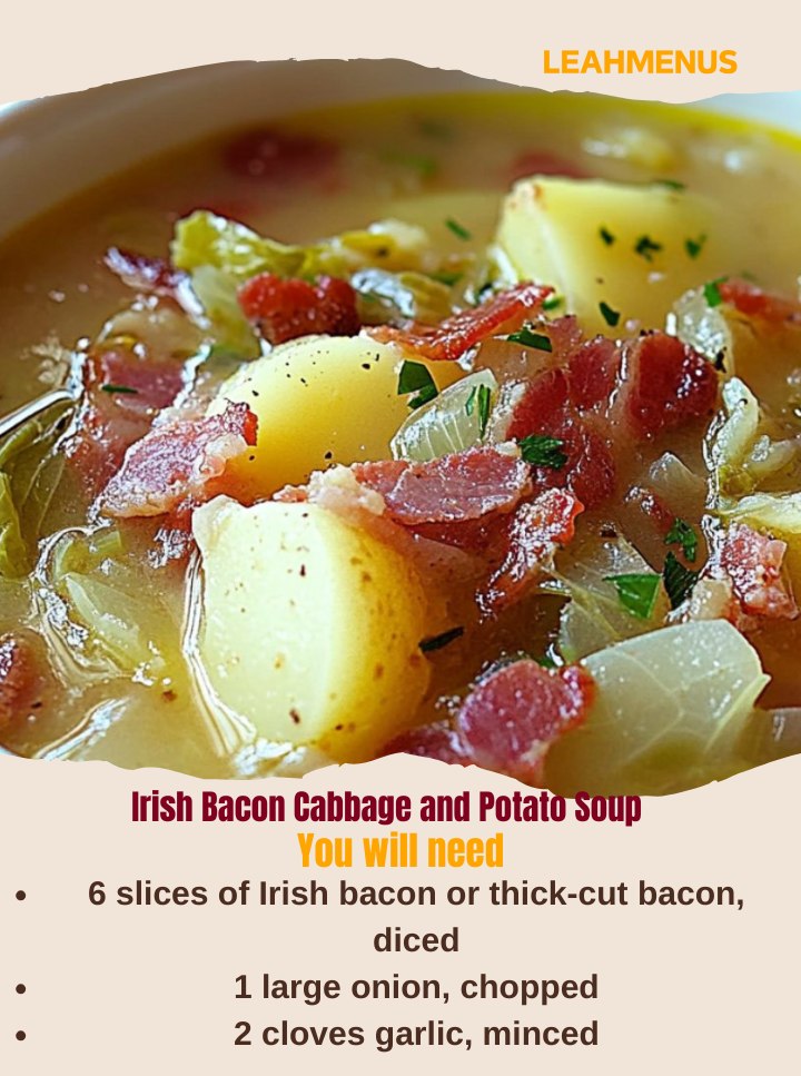 Hearty Irish bacon, cabbage, and potato soup served in a rustic bowl, garnished with crispy bacon bits and fresh parsley.