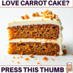 Moist carrot cake with creamy cheese frosting, garnished with chopped nuts and carrot shavings, served on a rustic white plate.