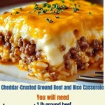 A delicious slice of cheddar-crusted ground beef and rice casserole on a plate, with steam rising from the cheesy top.