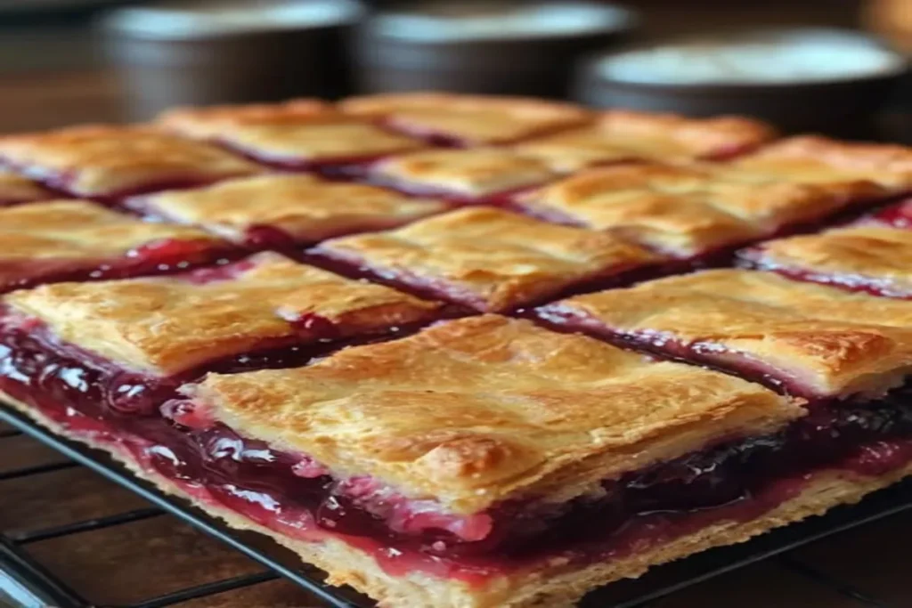 Slices of cherry pie bars on a plate, showcasing the buttery crust, cherry filling, and sweet glaze.