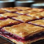 Slices of cherry pie bars on a plate, showcasing the buttery crust, cherry filling, and sweet glaze.