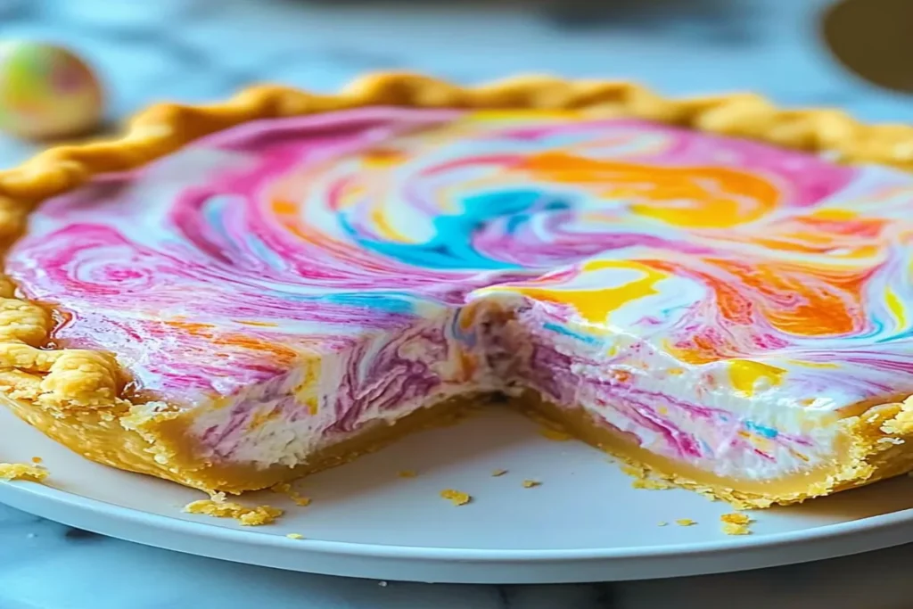 A slice of Easter Swirl Pie showing the pastel swirls and creamy filling on a buttery cookie crust.