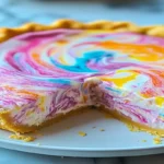 A slice of Easter Swirl Pie showing the pastel swirls and creamy filling on a buttery cookie crust.