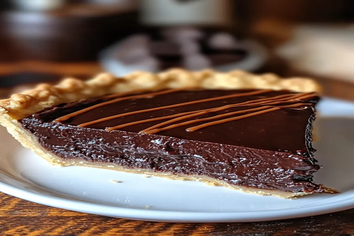 Slice of hot fudge pie topped with vanilla ice cream on a white plate