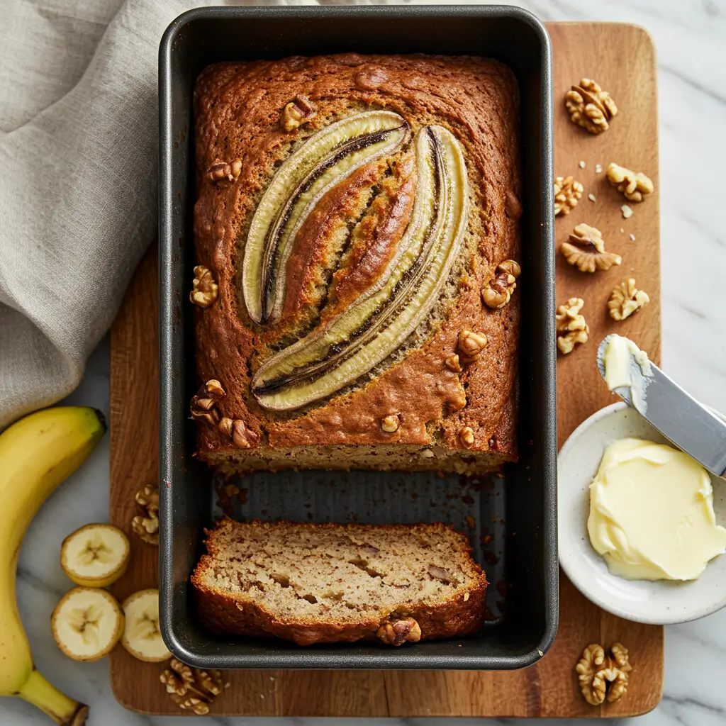 Homemade banana bread with walnuts, freshly sliced showing moist texture on wooden board