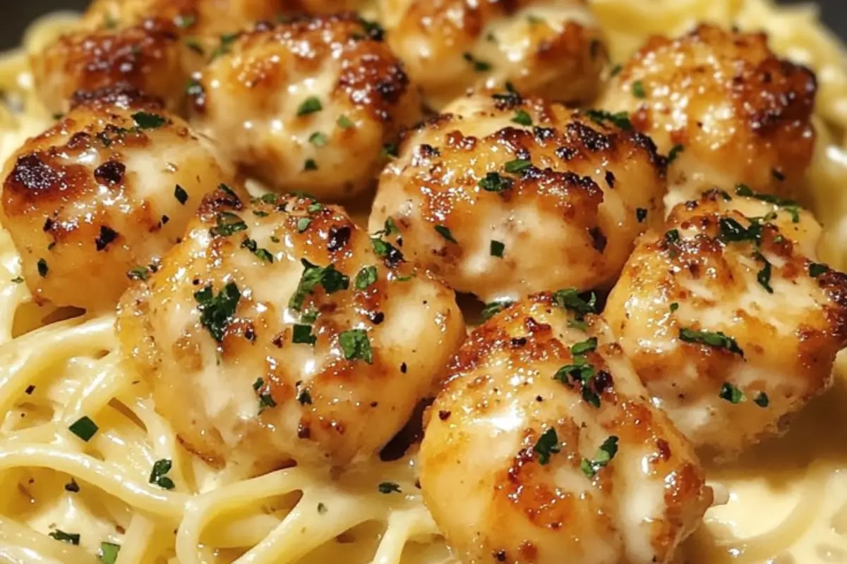 Close-up of garlic butter chicken bites atop creamy Parmesan pasta, garnished with parsley in a rustic bowl on a wooden table.