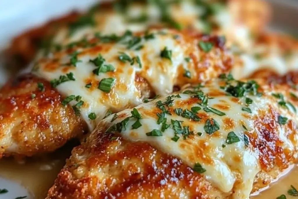 Close-up of copycat Longhorn Steakhouse Parmesan chicken with crispy breadcrumbs, melted mozzarella, and marinara on a rustic wooden table.