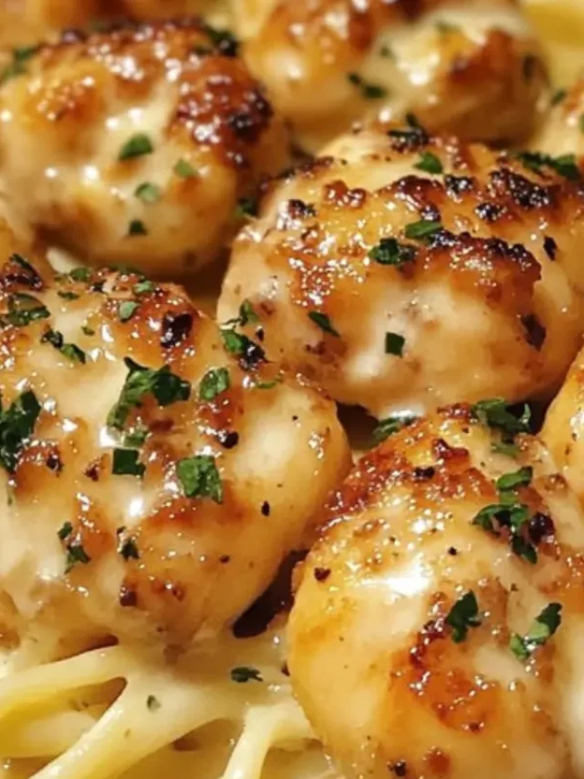 Close-up of garlic butter chicken bites atop creamy Parmesan pasta, garnished with parsley in a rustic bowl on a wooden table.