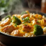 Close-up of a hearty cheesy chicken, broccoli, and rice skillet with melted cheddar, tender chicken, and crisp broccoli on a wooden table.