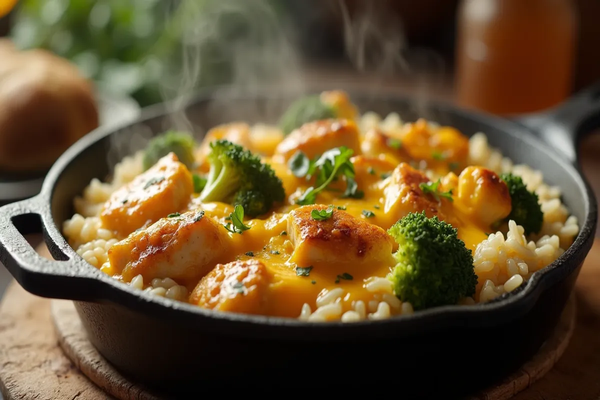 Close-up of a hearty cheesy chicken, broccoli, and rice skillet with melted cheddar, tender chicken, and crisp broccoli on a wooden table.