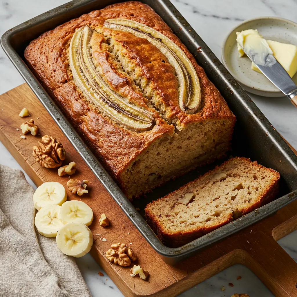 Homemade banana bread with walnuts, freshly sliced showing moist texture on wooden board